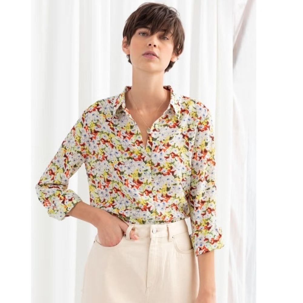 & Other Stories Paris Atelier 100% Silk Floral Button Down Shirt US 8